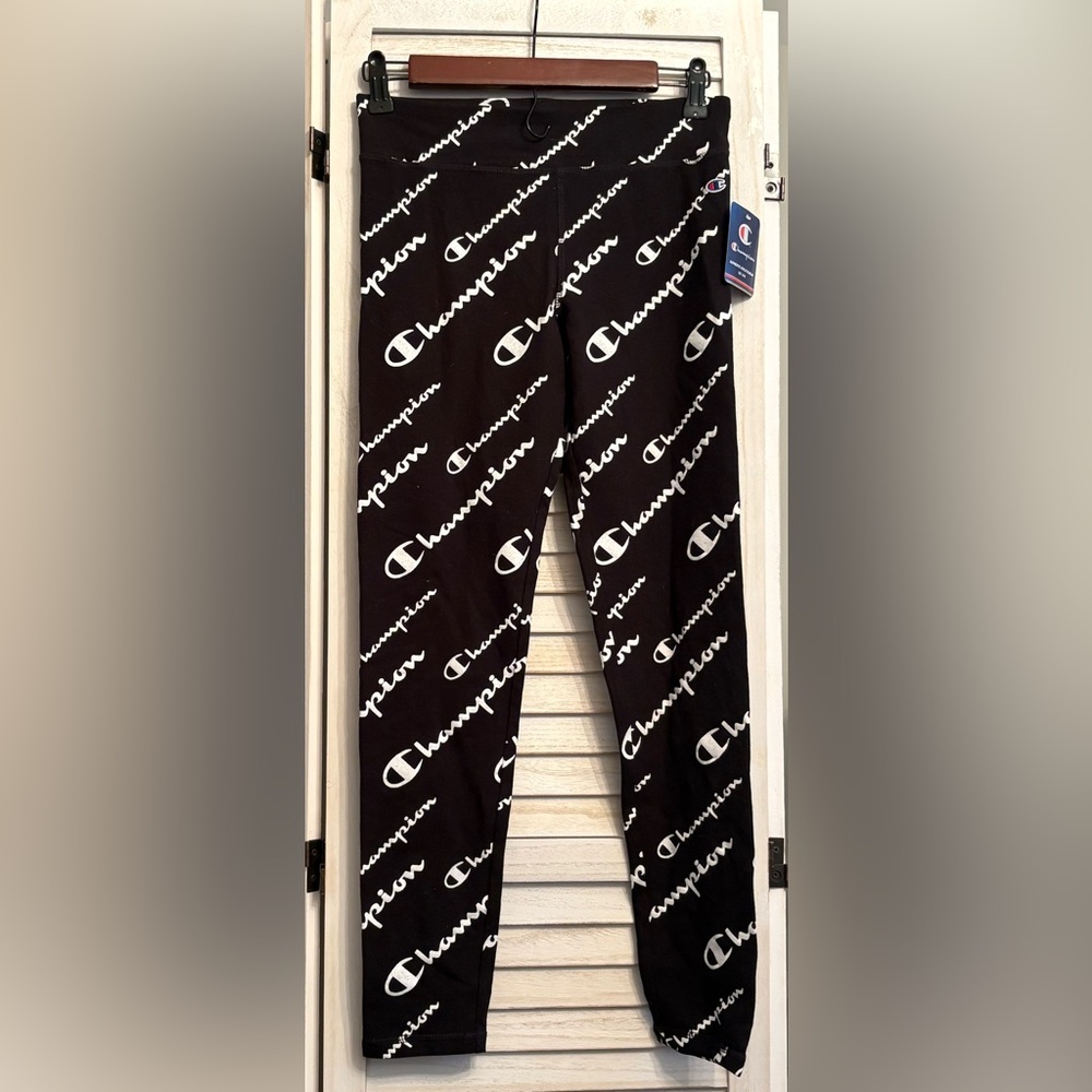 Champion Girls Black Joggers with White Logo Pattern